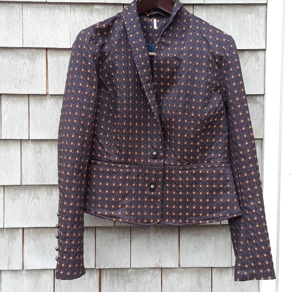 Free People Navy Blue Patterned Tailored Blazer